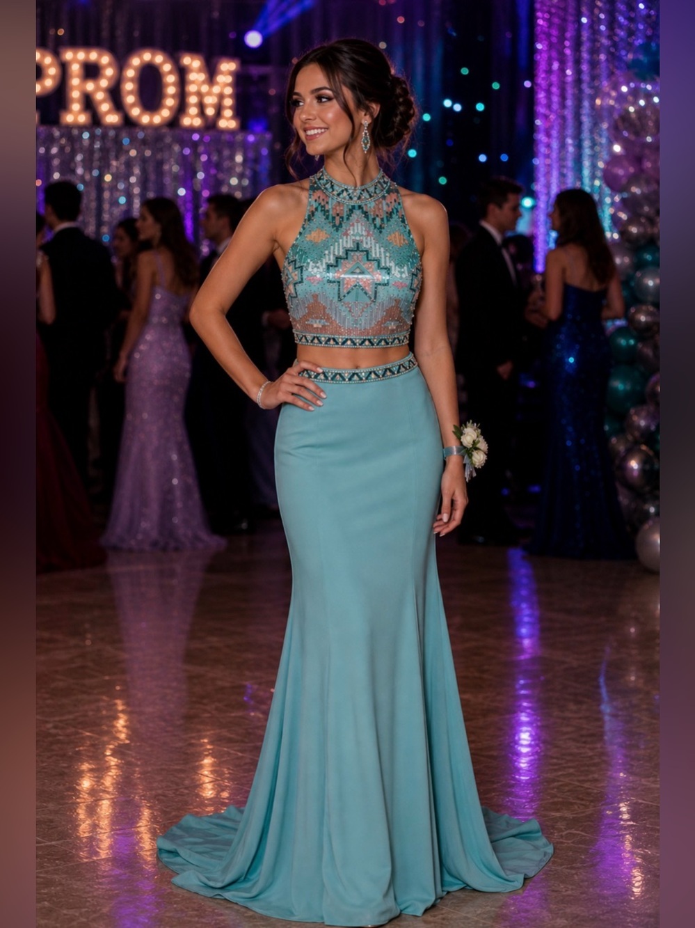 Madison James  Blue Aztec Two Piece Gown